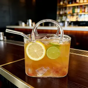 2 Piece Set Glass Cup with Straw, Creative Handbag Glass Cup, Large Capacity, Fruit Wine Cup, Juice Cocktail Cup, Trendy Barware, Drinkware, Tumblers