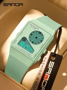 Sanda Multifunctional Electronic Watch, Square Lightweight Student Unisex Personalized Waterproof Three-Time Zone Wristwatch, Waterproof Watches
