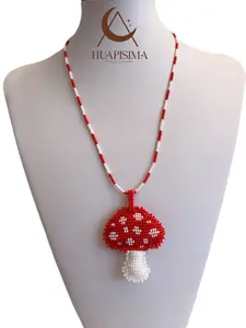 Huapisima Handmade Necklace with Red and White Beaded Mushroom Pendant for Women