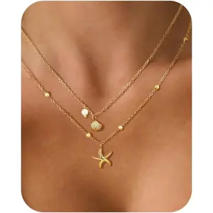 Shell Necklace for Women,14k Gold Plated Layered Starfish Conch SeaShell Pearl Pendant Charm Necklace,Non Tarnish Adjustable Stainless Steel Chain Stack for Summer Beach Vacation