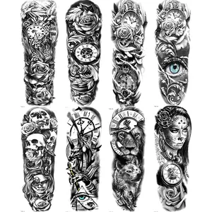 8 Sheets Large Maori Warrior Temporary Tattoos, Greek Mythology Design, Full Sleeve Lion Clock Skull Rose Dove Elements, Unisex Body Art, Waterproof Temporary Tattoos