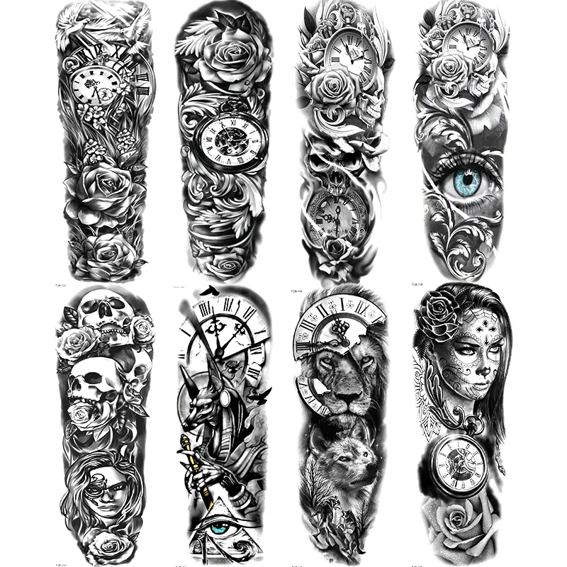 8 Sheets Large Maori Warrior Temporary Tattoos, Greek Mythology Design, Full Sleeve Lion Clock Skull Rose Dove Elements, Unisex Body Art, Waterproof Temporary Tattoos, Temporary Fake Tattoo