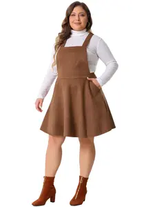 Agnes Orinda Plus Size Pinafore Overall Dress for Women Adjustable Strap Casual Vintage Faux Suede Dresses with Pockets