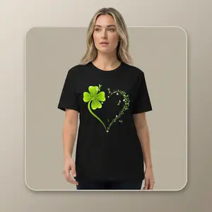 Crew Neck T Shirt  Four Leaf Clover Heart Design St Patrick's Day Celebration Friends That Travel Together Graphic T-Shirt clothes women Anti-ICE Cotton with Flag boho retro radio shirt gift tattoos are trashy dinosaur grandma butterfly tee s short sleeve