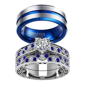 Couple Ring Bridal Sets His Hers Women 10k White Gold Filled Men Tungsten Carbide Wedding Engagement Ring Band