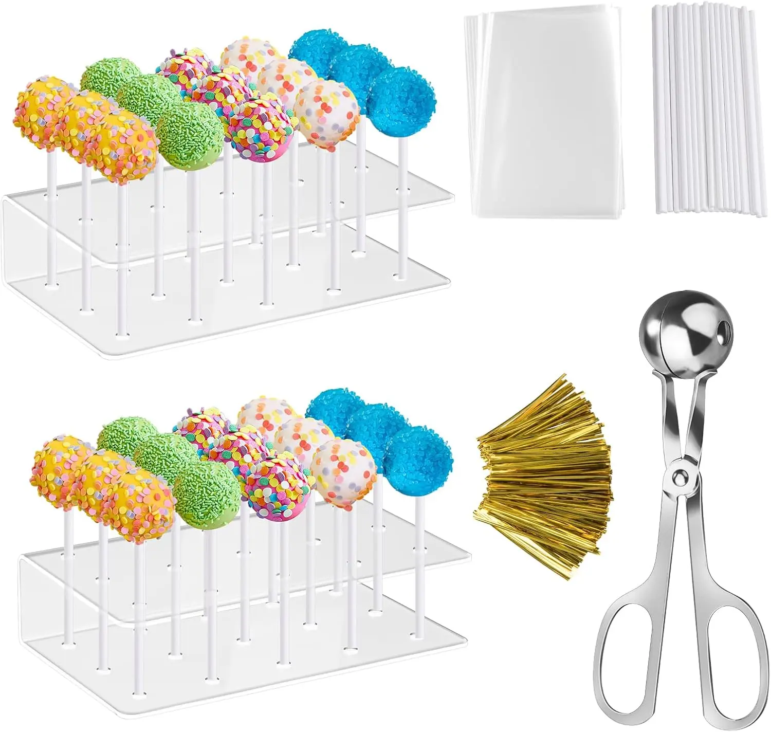 2 Pack Cake Pop Stand with Sticks Kit, Acrylic Lollipop Hold Stand, Clear Cake Pop Display Holder, 15 Holes Candy Pop Holder with 100 Pcs Sticks, 100 Pcs Clear Wrappers, 100 Pcs Gold Twist Ties Wedding Baking