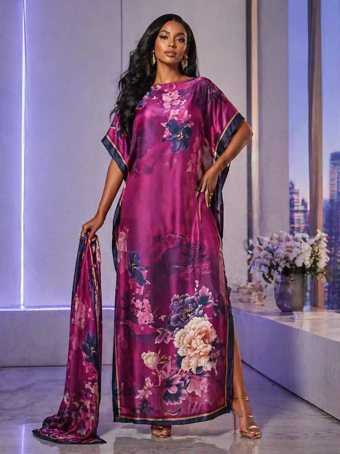 Women's Boho Print Long Sleeve Polyester Kimono Robe Swimsuit Coverups with Matching Scarf, Lightweight Sun Protection, Loose Cut, Casual Holiday Outfit
