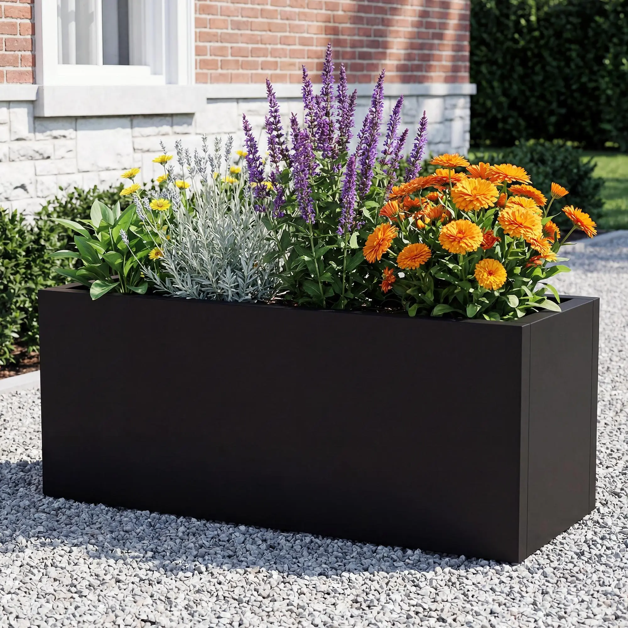 24" Black Wrought Iron Rectangular Planter Box - Large Metal Flower Pot for Indoor Outdoor Garden, Patio