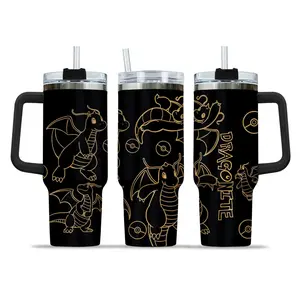 Dragonite 40oz Tumbler with Handle and Straw, Stainless Steel Vacuum Insulated Cup, Pocket Monster Design, Anime Merch, Anime Tumbler