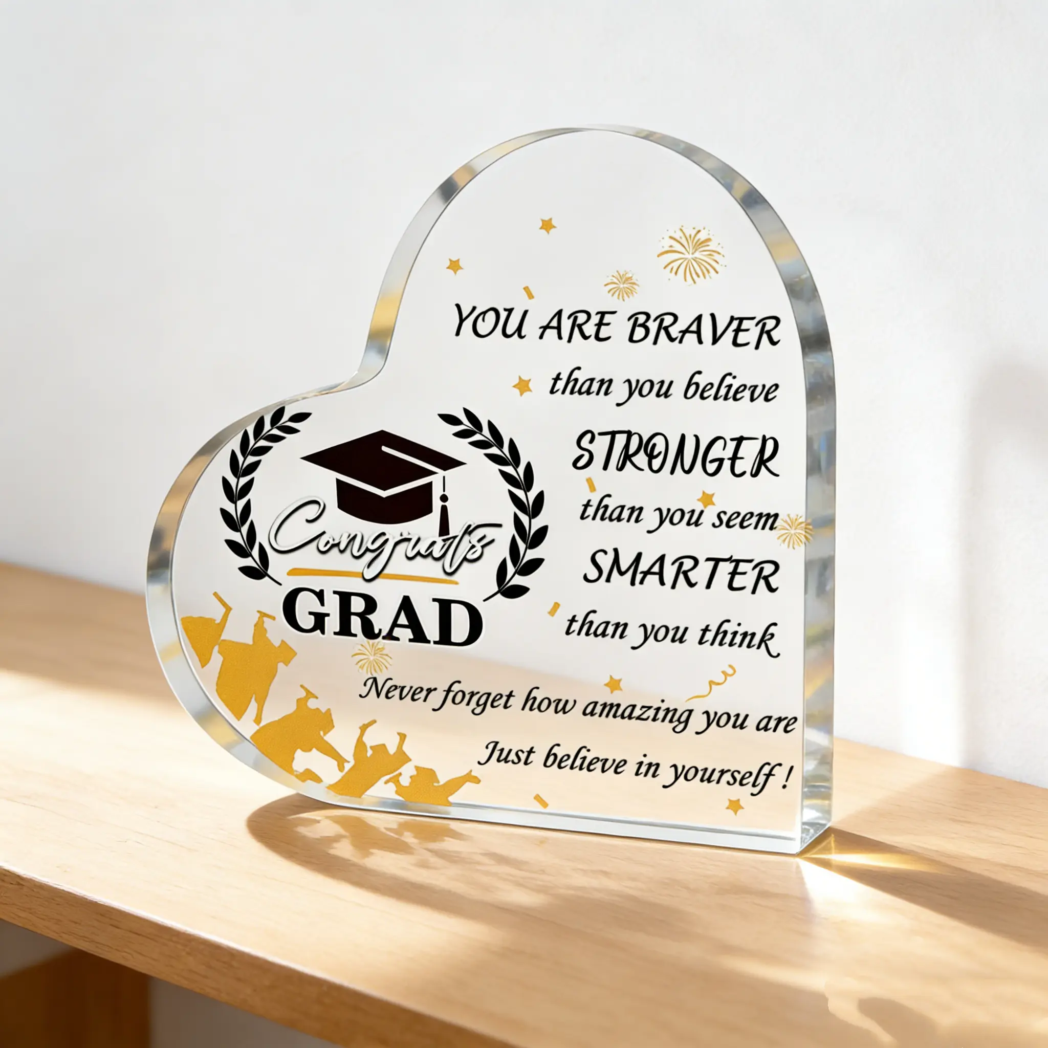 Class of 2026 Graduation Congratulatory Transparent Heart Acrylic Plaque - Engraved, Crystal HD Print, Sturdy 15x15cm Freestanding Gold-Tone, College Grad Gift, Inspirational Desk & Home Decor Keepsake Table Sign, summerwins Home Supply