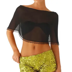 Women Sheer Hooded Poncho Shawl Lace Trim Off-the-Shoulder Mesh Flowy Tops Loose Crop Shrug Blouses Beach Cover Up