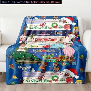 Christmas Movie Blanket Featuring Classics Like Rudolph The Santa Clause Home Alone Elf A Christmas Story The Grinch and More Bright Festive Design with Gifts Snowflakes and Decorations Soft Cozy and Perfect for Holiday Décor or Gifting.-280GSM