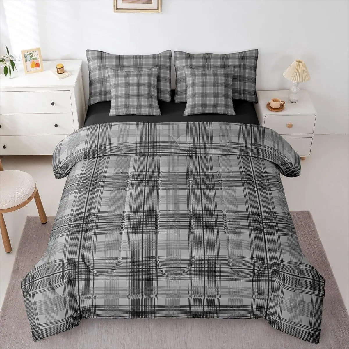 Black Grey Plaid Comforter Set 7 Pieces Vintage Aesthetic Bedding Set Kids Adult Checkered Geometric Modern Bed in a Bag with Comforter,Sheets,Pillowcases,Cushion Covers