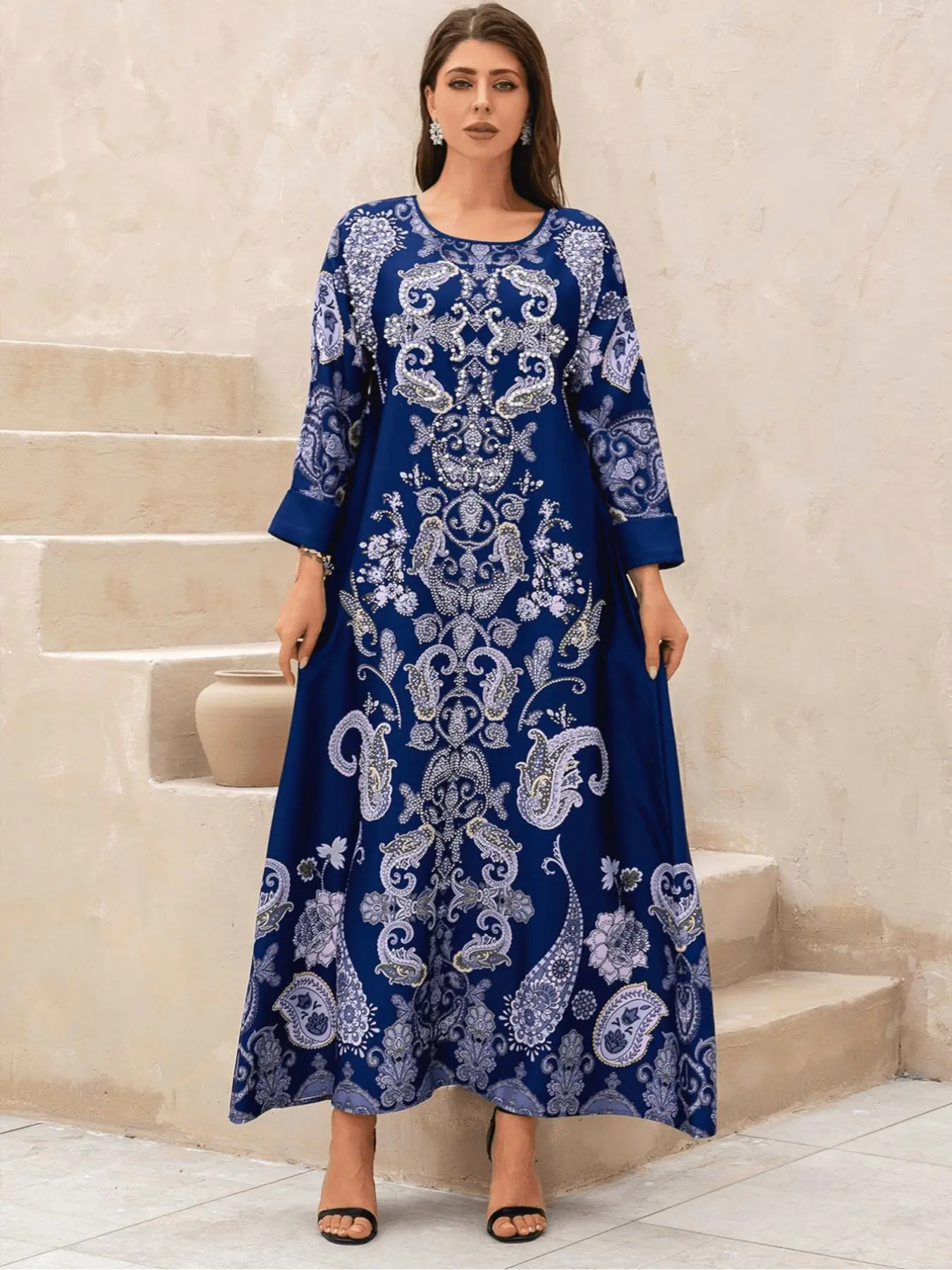 Women's Floral Print   Long Sleeve Dress Elegant Round Neck Long Dress for Party Holiday Wedding Guest, Ladies Clothes for Spring Formal Dresses Women, Moroccan Wedding Dress, Arab Wedding Attire