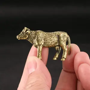 Antique Cow Brass Figurine Tea Pet Desktop Toy Solid Ancient Copper Micro Carving Fun Handle Collectible Ornaments Item