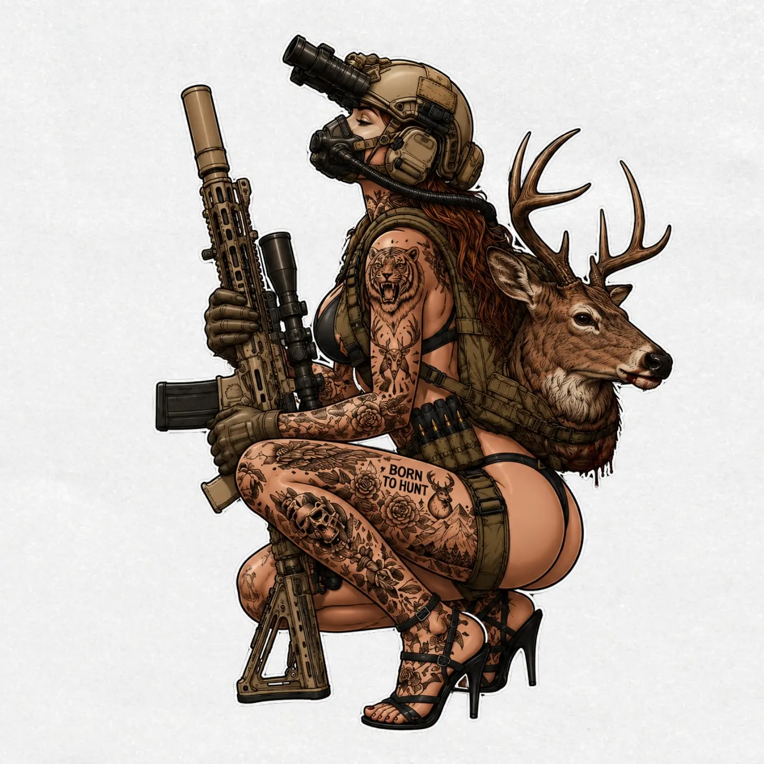 Tattooed Huntress Vinyl Sticker, Deer Hunter, Hunting Lifestyle, Trophy Buck, Waterproof Die Cut Decal