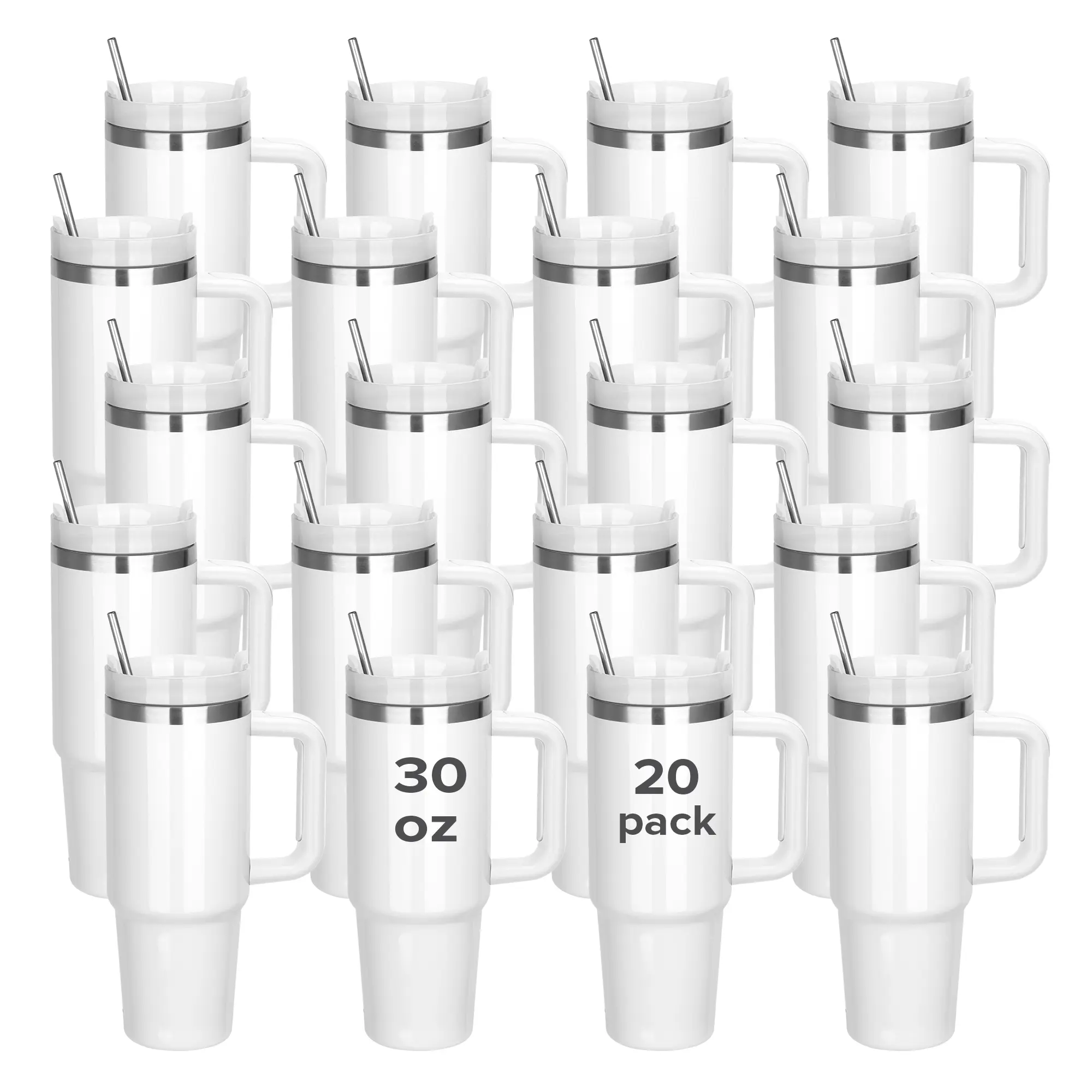 FASTSUB 30oz Sublimation Ready Stainless Steel Double Wall Vacuum Flasks (20-Pack) - Anti-Leak, Temperature-Retaining Insulated Cup with Removable Handle, Straw Brush, Portable Travel Drinkware for Tumbler Press, Oven, Printed Capable