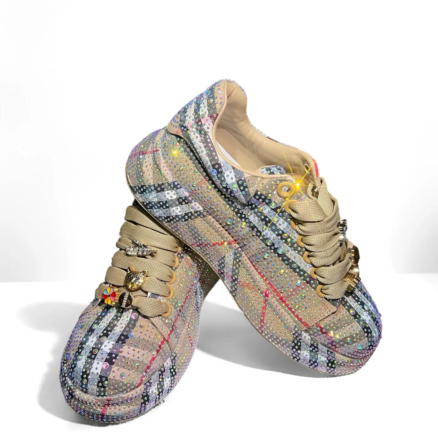 【Deals for You Days】Women's Rhinestone Plaid Casual Trendy Sneakers - Lace-Up Iridescent Glitter Aesthetic Footwear, Lightweight Sparkling Walking Shoes for Fall, Party & Dates, Figure-Flattering Design cute shoes