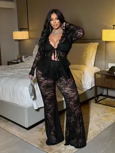 Plus Size Lace Two-Piece Set Outfit, Sheer Mesh Long Sleeve V Neck Fitted Top with Tie Front, Flared Pants, Sexy Night Out Club Party Wear