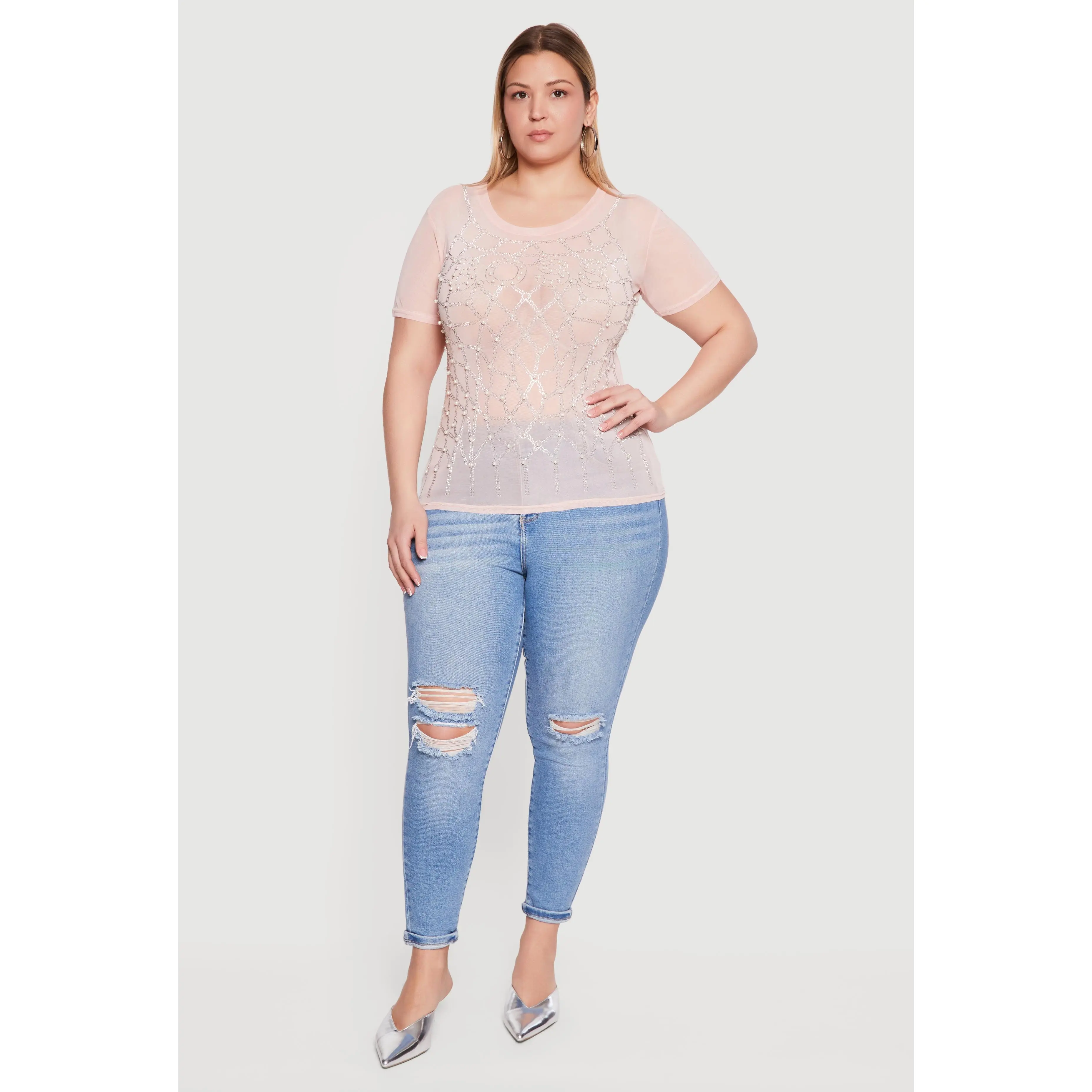 Plus Size Boss Faux Pearl Rhinestone Mesh Top