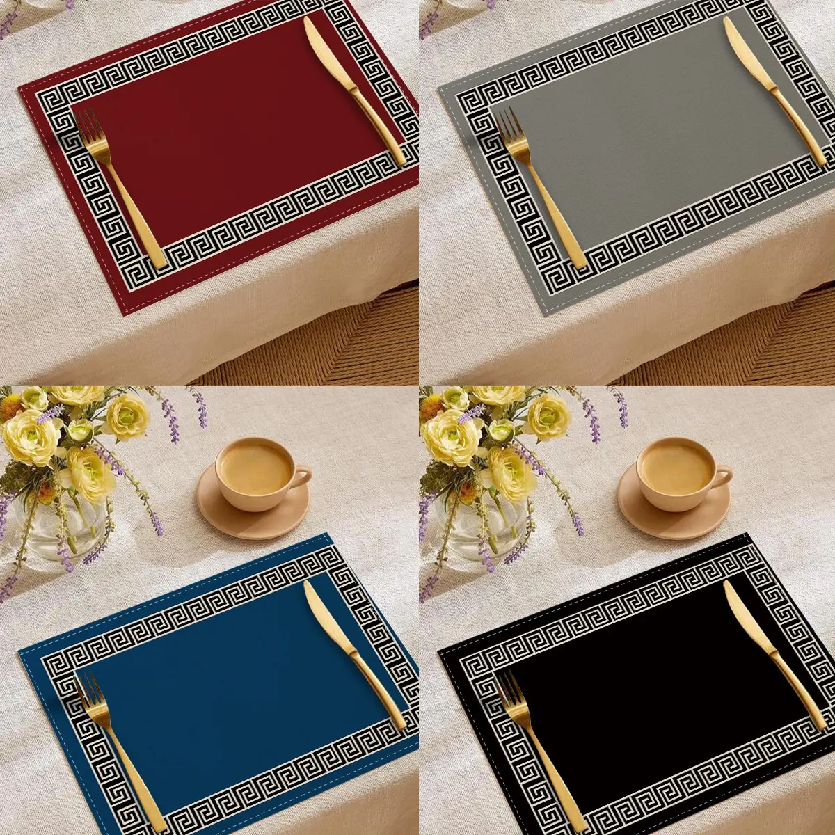 Elegant Geometric Table Mats Set, Placemat, Heat Resistant, Modern Chinese Style, Navy, Ideal for Festive Dinners and Daily Use, Table Placemats