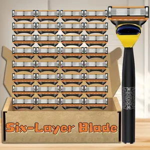 Classic Manual Wet Shaving Safety Razor, 6 Layer Stainless Steel Blades, 1 Handle + 24-48 Replaceable Blades, Anti-Slip Design, Unisex, Shaving Razors