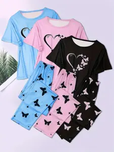Women's Heart & Butterfly Print Pyjama Set, Comfy T-shirt & Elastic Waist Trousers Set, Women's Sleepwear for All Seasons