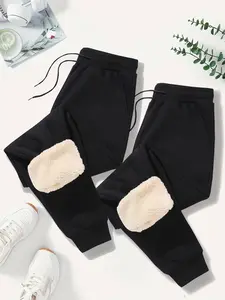 Women's Solid Drawstring Waist Thermal Lined Sweatpants, Casual Pocket Design Jogger Pants for Fall & Winter, Women's for Daily Wear, Casual Sporty Trousers