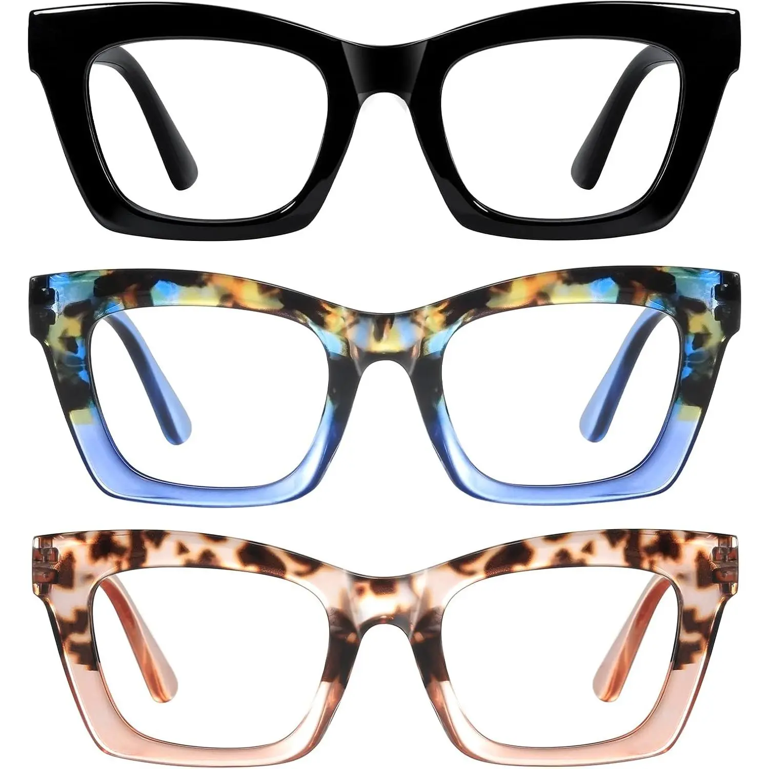 Reading Glasses for Women-3Pack Blue Light Blocking Fashion Readers with Spring Hinge Computer Square Eyeglasses, Adjustable, Daily, Reading Eyewear, Bluelight Blocking