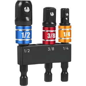 3PCS Impact Socket Adapter Set - 1/4", 3/8", 1/2" Drill Socket Adapters with Extension Driver Bit & Holder, Socket Drill Adapters Compatible with Power Drill and High Torque Impact Wrench