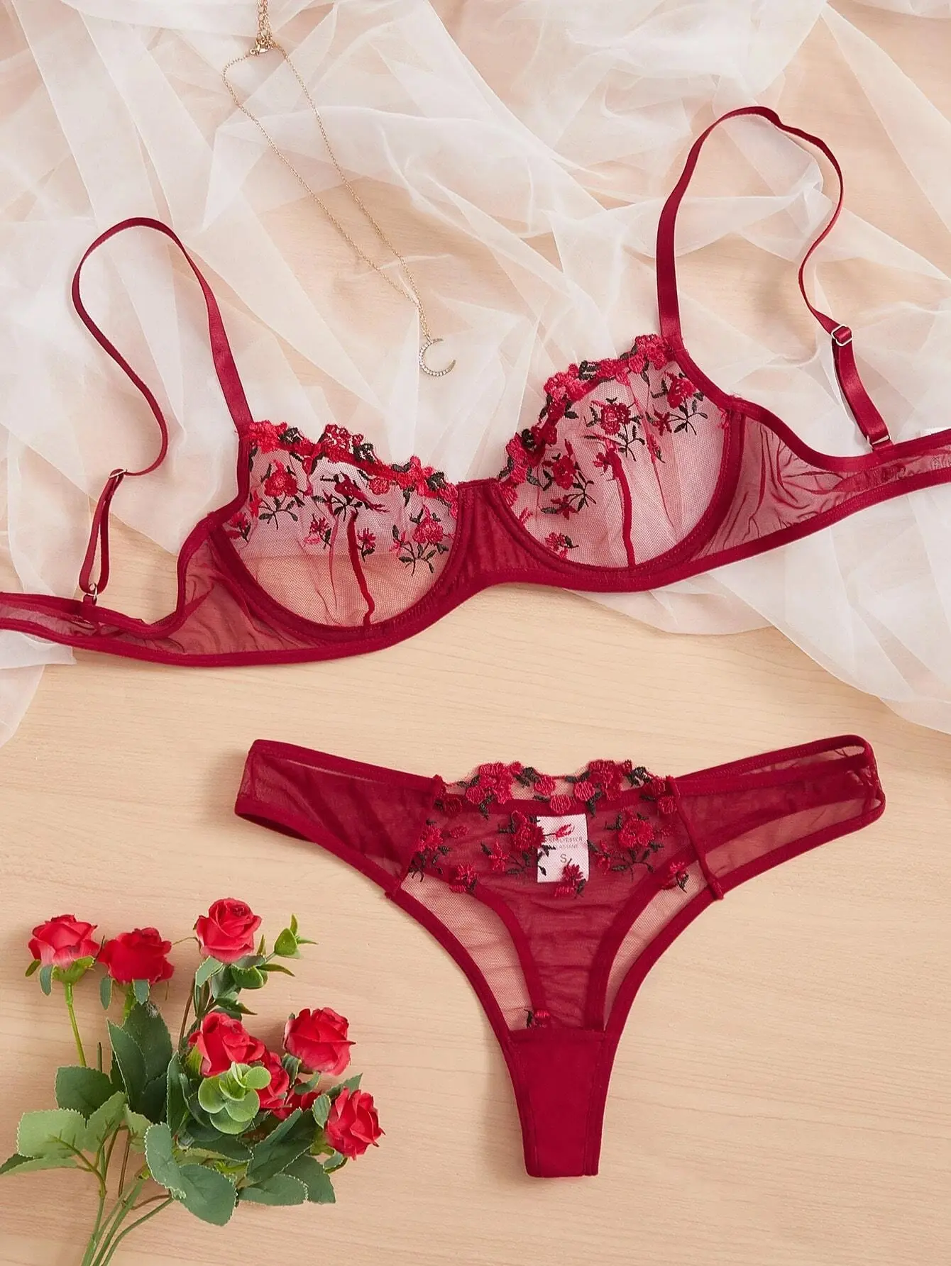 Women's Red 2-Piece Lingerie Set - V-Neck Floral Embroidered Sheer Mesh Push-Up Bra & Panty, Sexy Boudoir Underwear, S-L Sizes, 2 Piece Sets