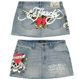 Edd Hardy Skull Denim Mini Skirt, Light Wash, Vintage Y2K