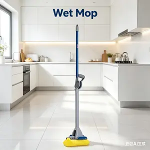 58MB4 Water Absorbent Sponge Wet Mop, 9-Inch Width, Screw-On Connection, Yellow Steel Handle with Roller Wringer, Janitorial Home Cleaning Tool for Efficient Use, With Handle