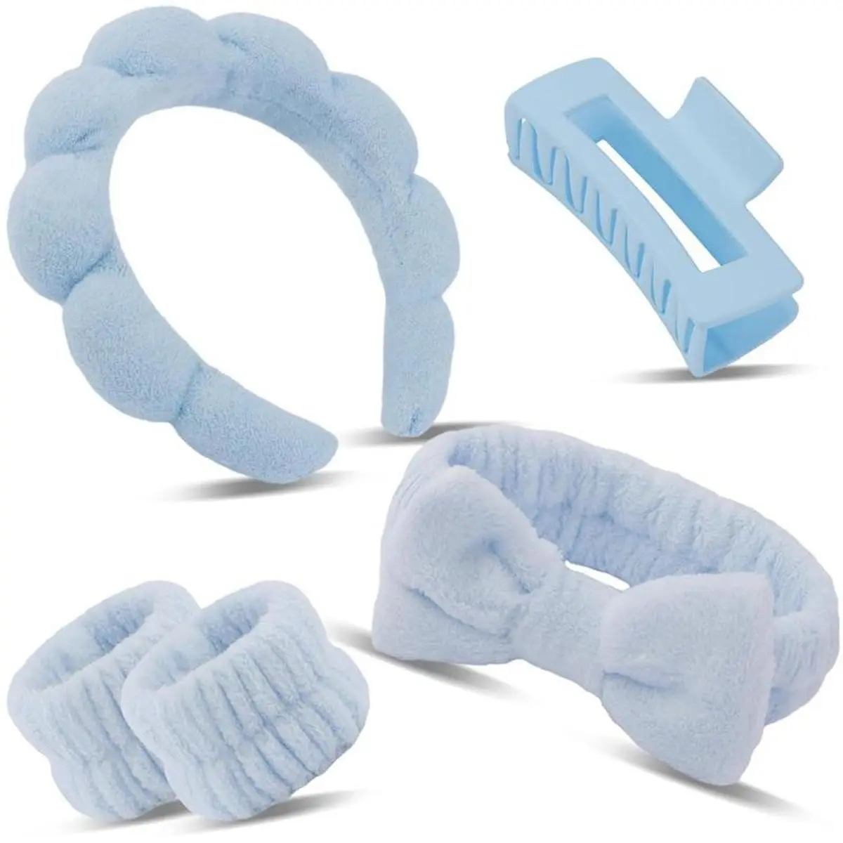 4 PCS Spa Headband and Wrist Wash Bands Set for Women, Puffy Skincare Headband with Hair Clips, Soft Face Washing Makeup Accessories, Blue