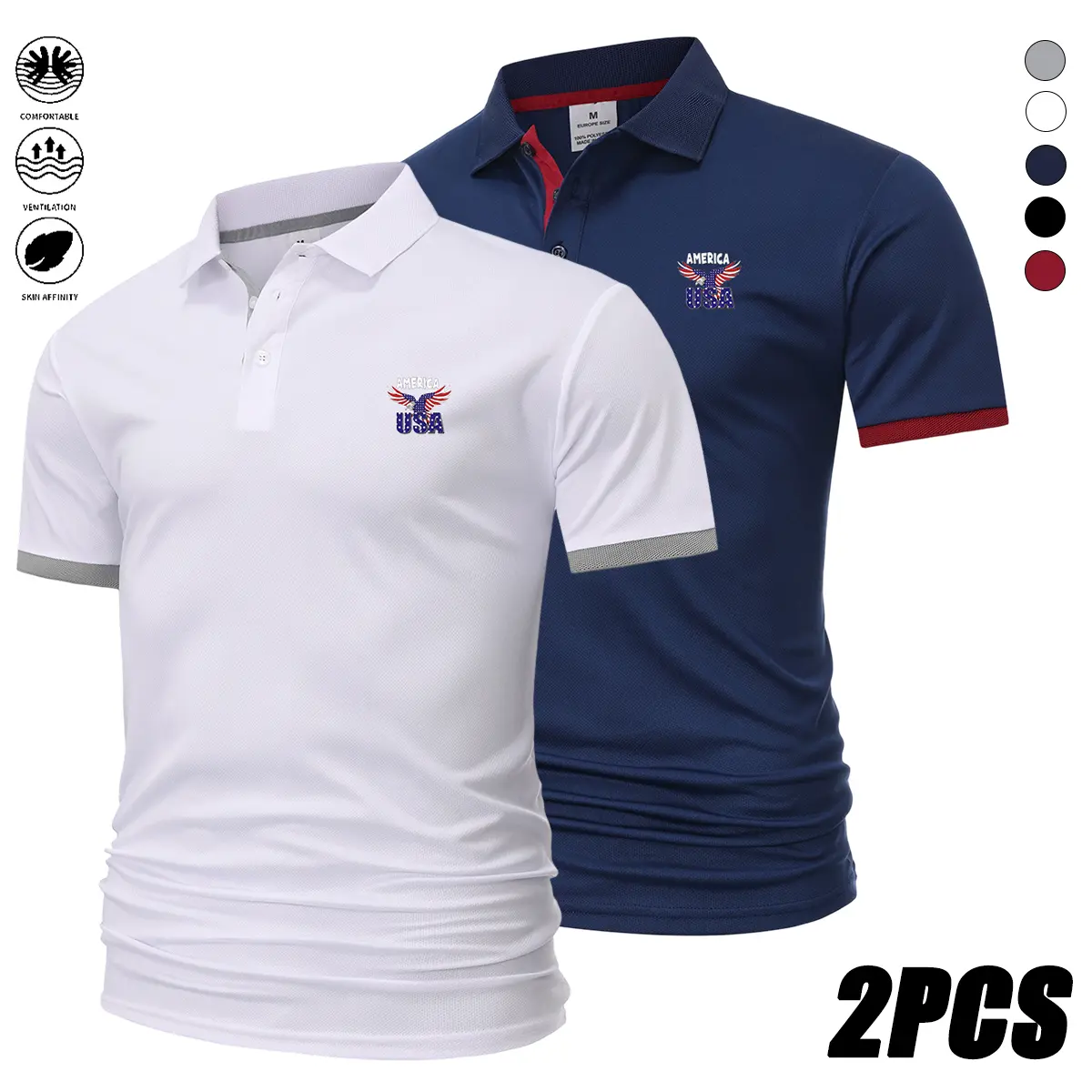 Men's 2-Pack Patriotic Eagle Print Polo Shirts | Breathable Quick-Drying Shortsleeve Menswear for Golf & Business Casual