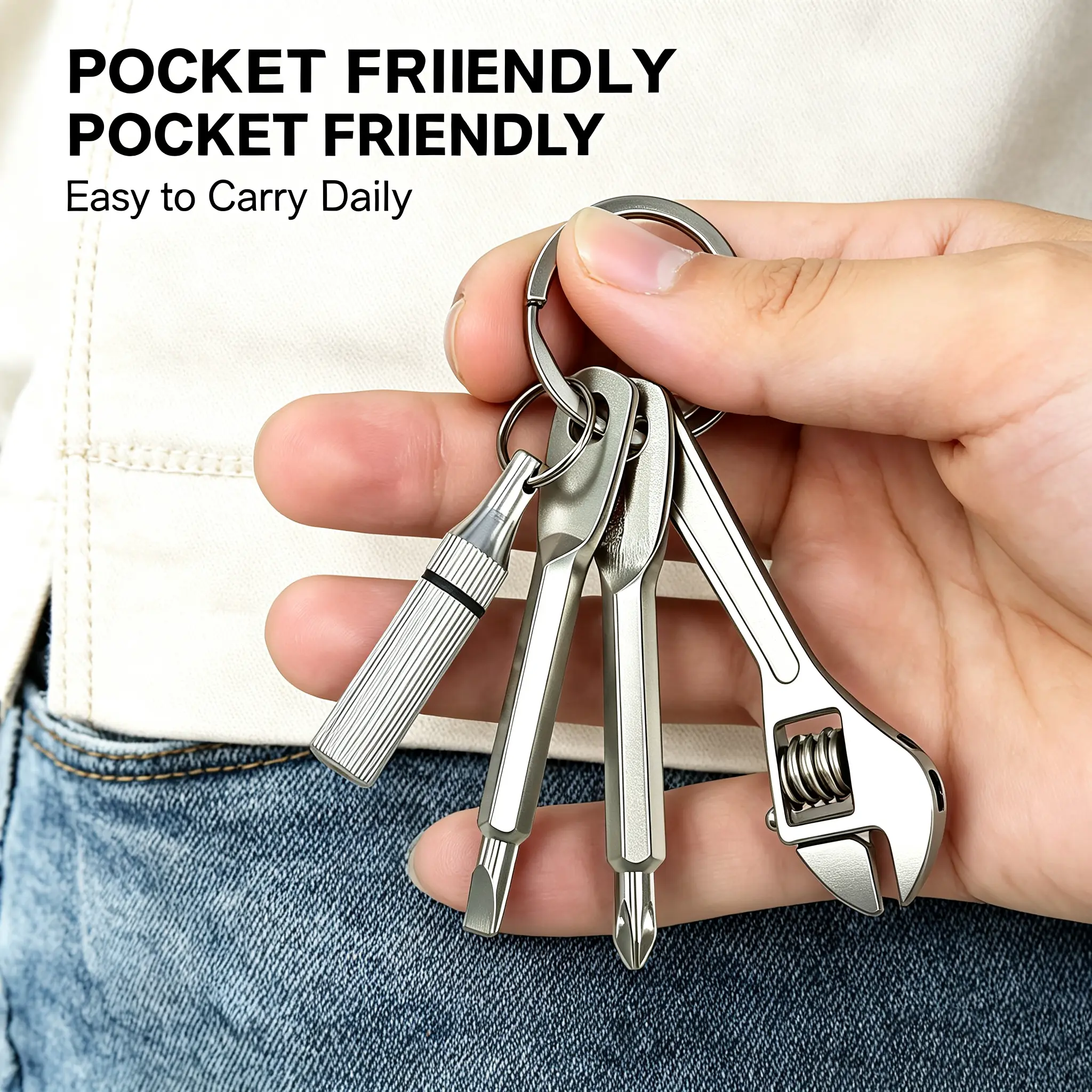 EDC Keychain Multi Tool for Men, 4-in-1 Mini Pocket Tool with Screwdriver Bottle Opener Wrench, Portable Metal Everyday Carry Gadget for Camping Bike Motorcycle Repair, Lightweight Gift for Dad Husband Partner