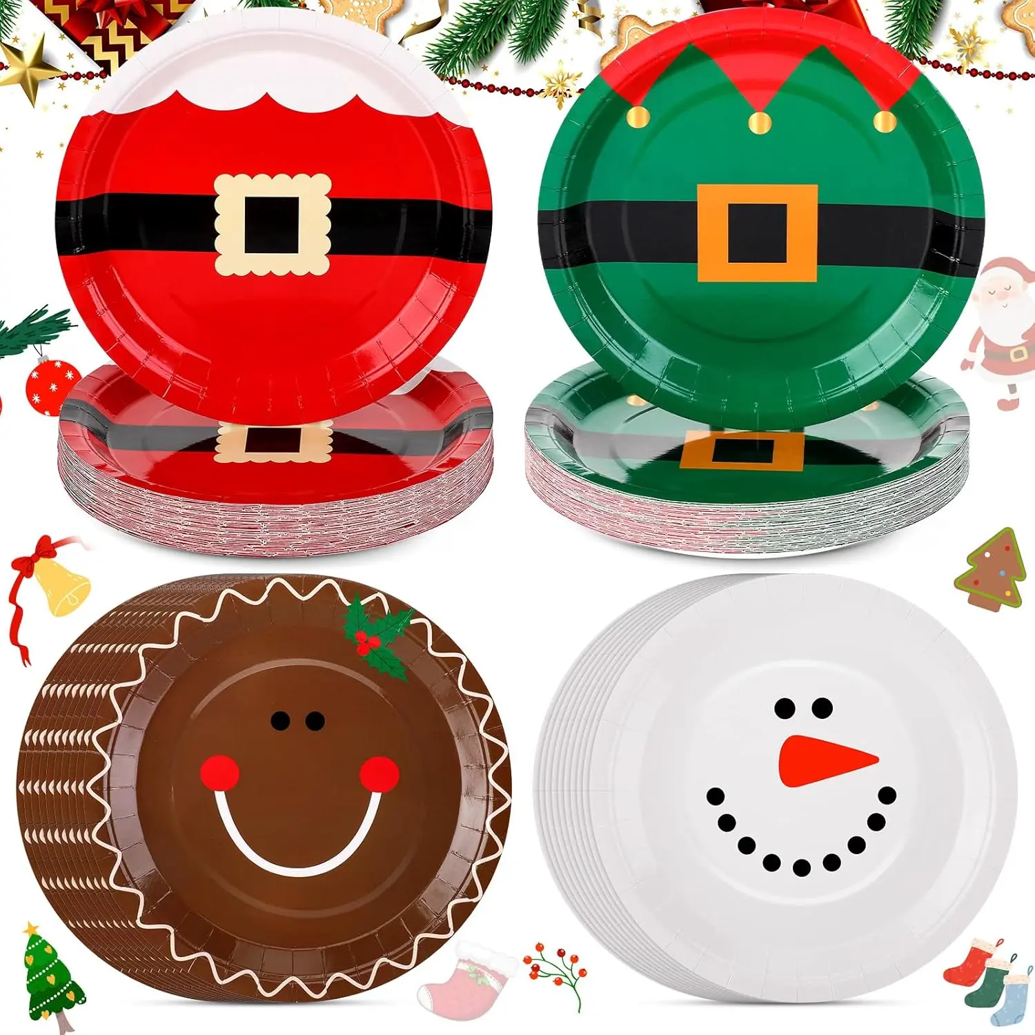 00 Pcs Christmas Paper Plates 9 Inch Disposable Santa Elf Gingerbread Snowman Designs Xmas Dinnerware Set for 100 Guests Table Decorations Holiday Party Supplies