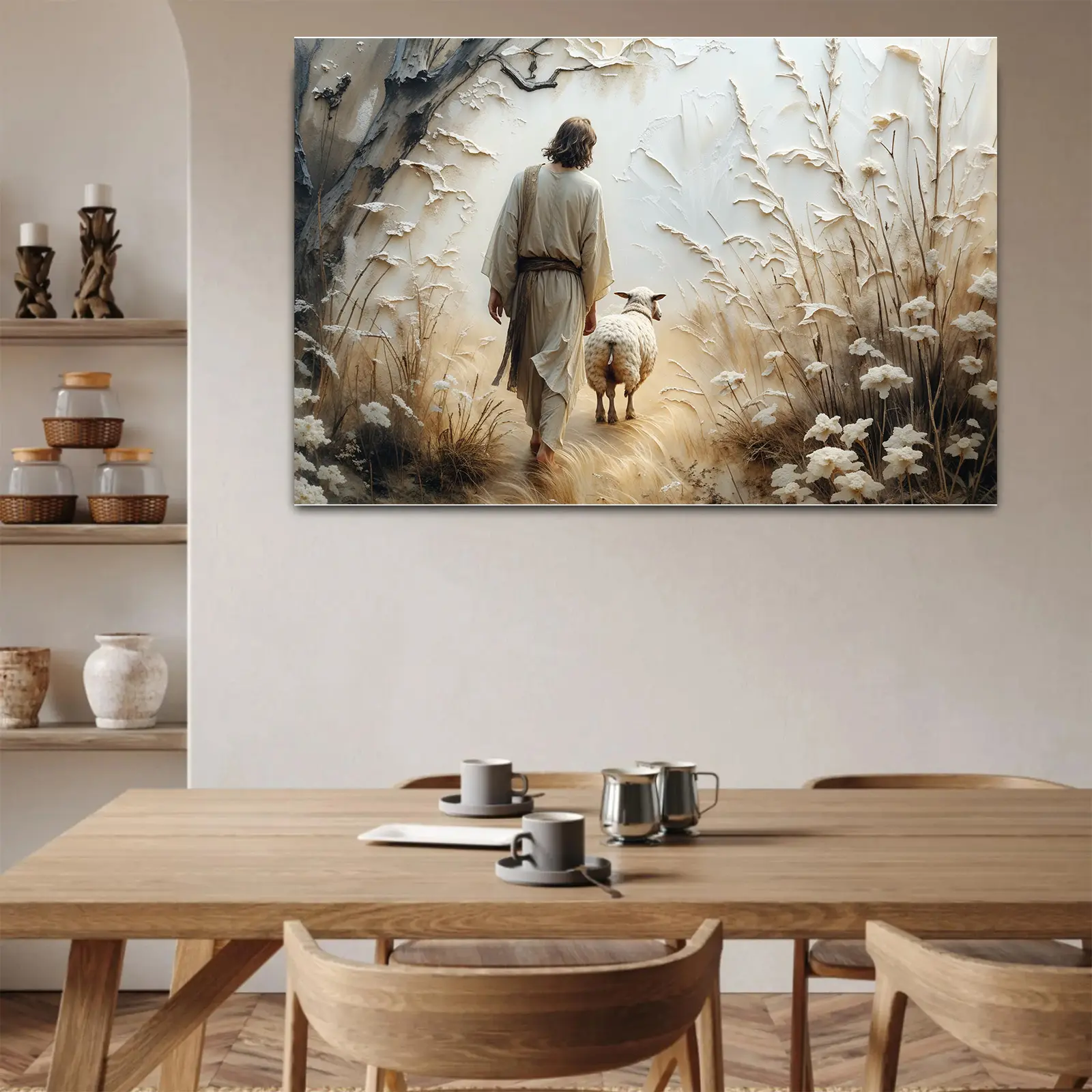 Jesus The Good Shepherd with a Lamb Decorative Wall Art - Christian Home Supplies, Art Deco Religious Decor for Dining Room, Universal Christianity Spiritual Guardian Poster