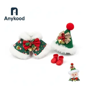 Labbubu Christmas Outfit Set Holiday Cloak Hat & Boots for The Monsters Dolls Green Faux Fur Trim Santa Hat Red Boots 17cm Tall