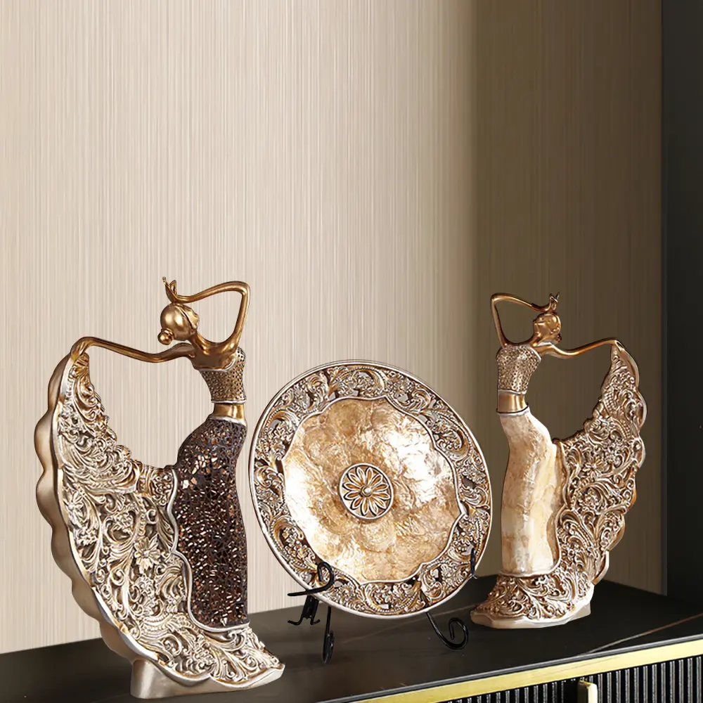 Homary 3PCS Vintage Gold Glass-Artistic Resin Collectible Figurine Set - Shell Dancer Ornaments, Compact Table Desktop Home Decor Accessories, Home Goods