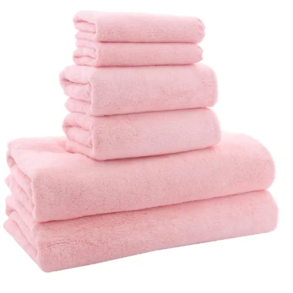 MoonQueen Towel Set 6 Pcs, Pink, 2 Bath Towels, 2 Hand Towels, 2 Washcloths, Ultra Soft Microfiber Coral Velvet, Quick Dry, Highly Absorbent Bathroom Set