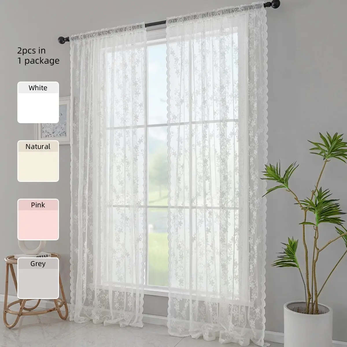 Flower Print Lace Curtain, 2 Counts/set Translucent Simple Decorative Window Curtain, Window Drapes for Home Living Room Bedroom Kitchen