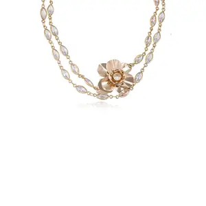 Ettika Bezel Crystal Layered Flower Necklace with Floral Design and Layered Beads 18k Gold Plated Adjustable Gold Choker for Adults 11" Length with 5" Extender Chain