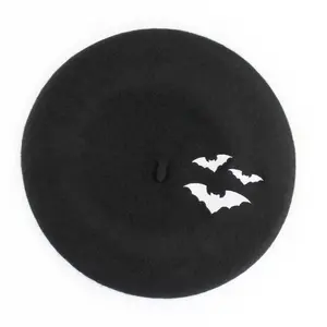 Black Beret with White Embroidered Bats Silhouette
