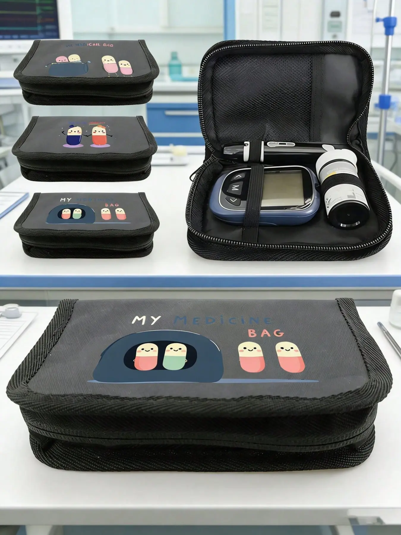 Portable multi-compartment blood glucose meter storage bag, with 'My Medicine Bag' and pill patterns, portable diabetes travel storage kit, diabetes accessories, portable storage case, Travel Organizer Bag