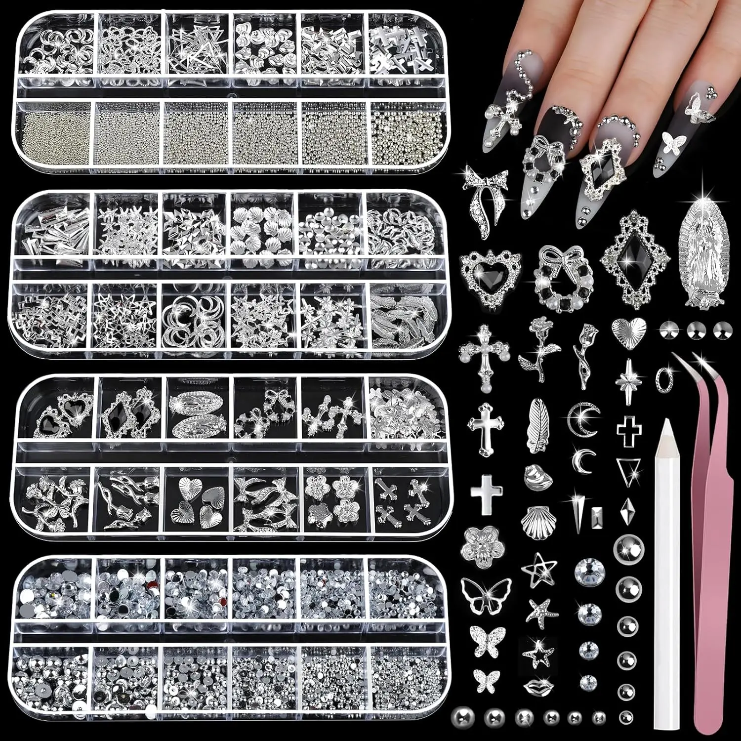 Fashionable silver nail accessories and gemstone sets, 4 boxes of nail gemstone silver diamond nails, 3D nail decorations, cross-shaped jewelry nail design star-shaped style, caviar bead nails art, nail decoration sets, DIY handmade nail decoration sets,