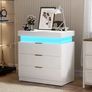 Smart LED Nightstand with Charging Station, Sliding Top & Drawers - Modern White Indoor Bedroom Bedside End Side Table, 28.8''W x 17''D x 30.5''H