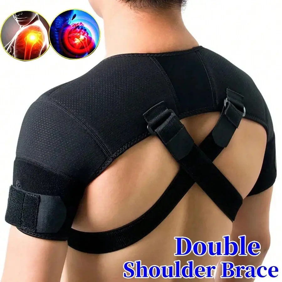 Adjustable Double Shoulder Brace, Unisex Synthetic Rubber Compression Wrap for Rotator Cuff Pain Relief and Sports Injury Recovery, Increase Blood Circulation, Relieve Pain