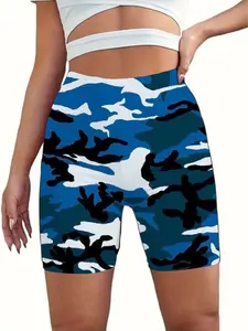 Plus-size women's high-waisted yoga shorts with camouflage print, suitable for gym, training, sports, and casual wear, made from high-quality comfortable elastic fabric, suitable for all seasons