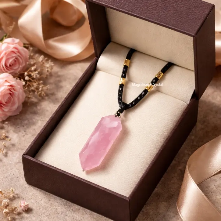 Minimalist Natural Rose Quartz Hexagonal Pendant Necklace, 24" Long Cord Neck, Pink Crystal for Heart Chakra Healing, Everyday Wear, Meaningful Gifts, Hexagon Point
